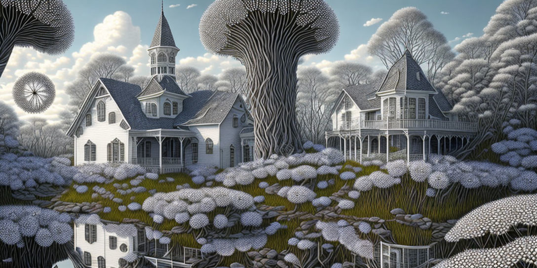 Whimsical black and white landscape with mushroom trees, Victorian houses, and fluffy vegetation.