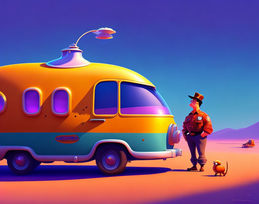 Futuristic bus illustration with dome top, driver, robot in desert sunset/sunrise