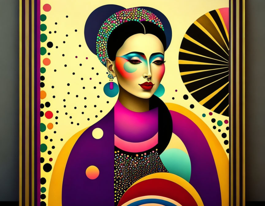 Vibrant portrait of a woman with bold patterns and fan shapes.