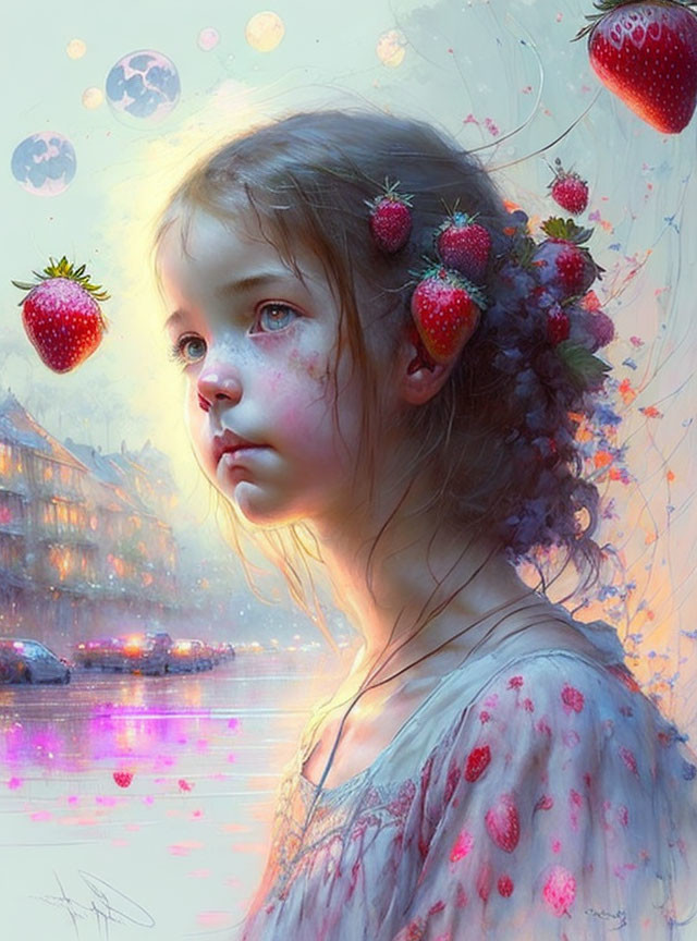 Young girl with strawberries in hair and dreamy cityscape reflection.