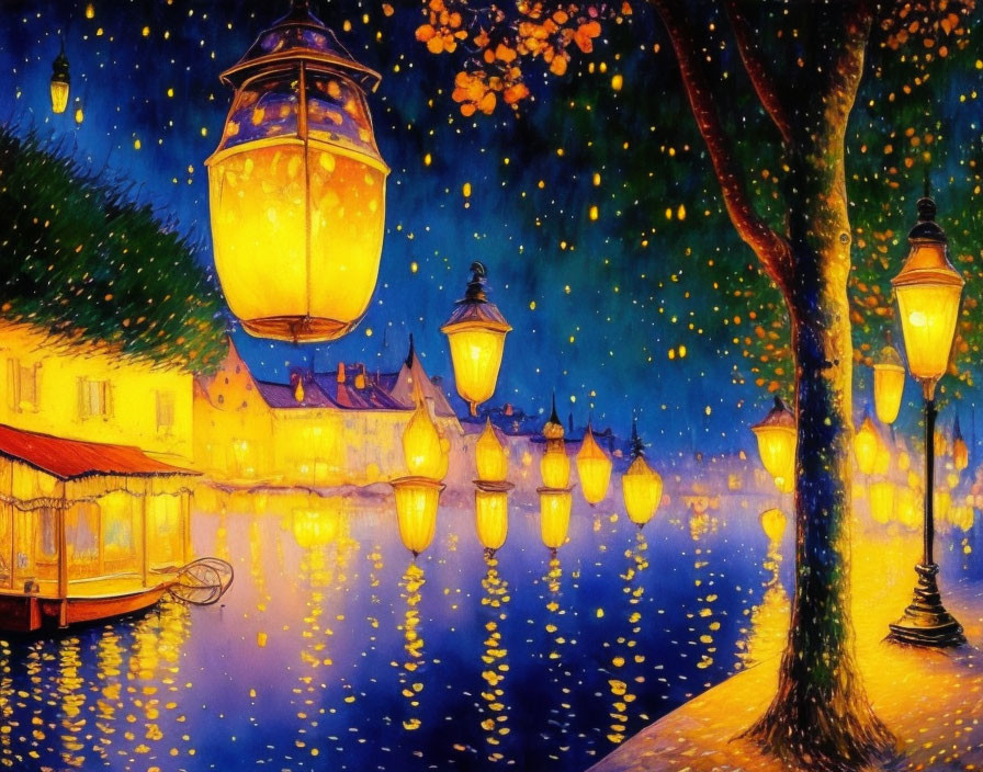 Nighttime painting of glowing lanterns by riverside with trees and reflections