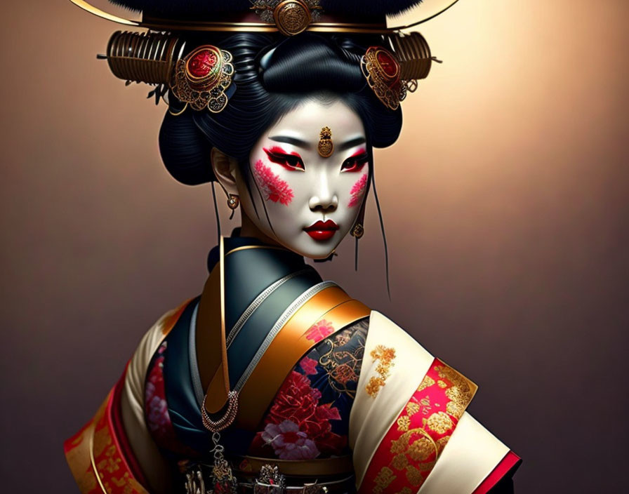 Stylized geisha-inspired woman with gold accessories on soft background