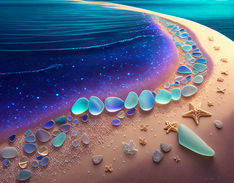 Surrealist beach scene with glass-like pebbles and starfish on cosmic shoreline