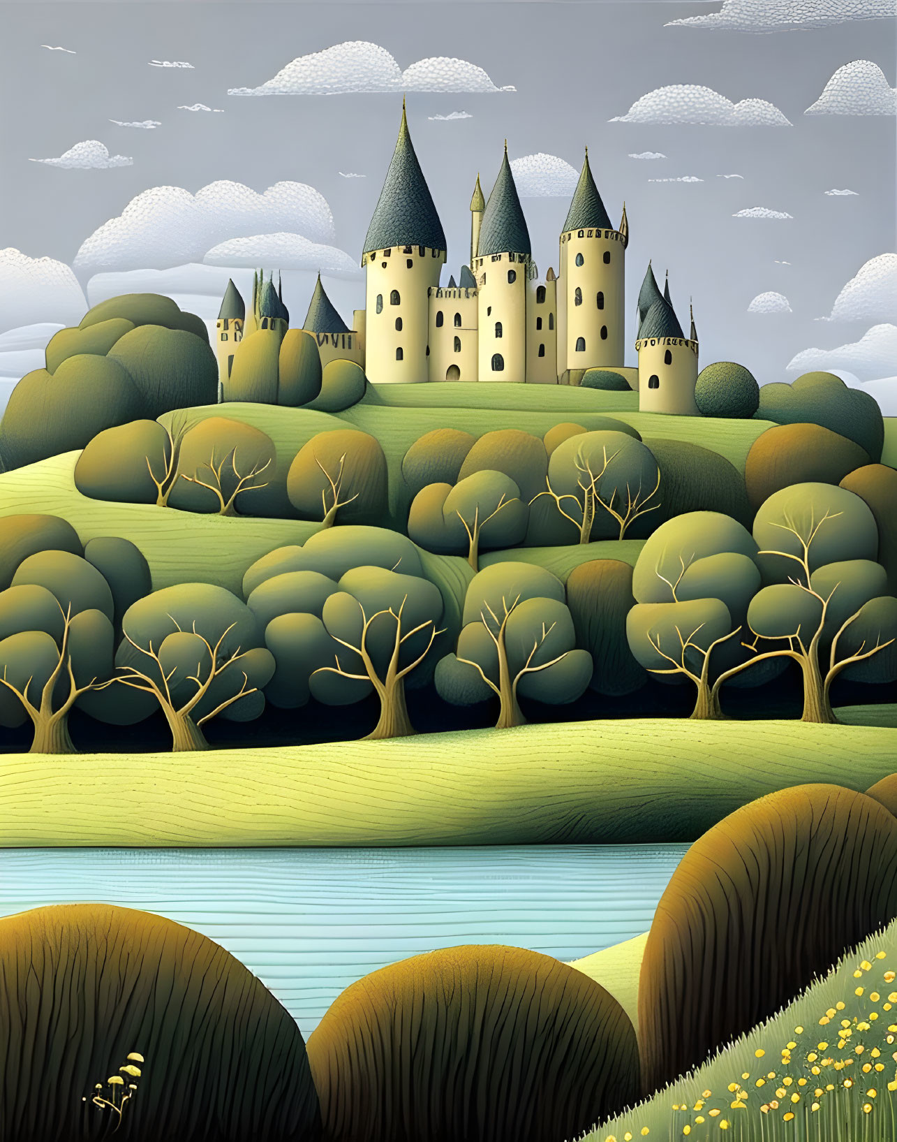 Illustration of castle with pointed towers in green hills by calm river