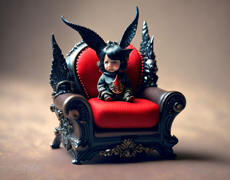 Gothic-style figurine with black hair and horns on ornate throne