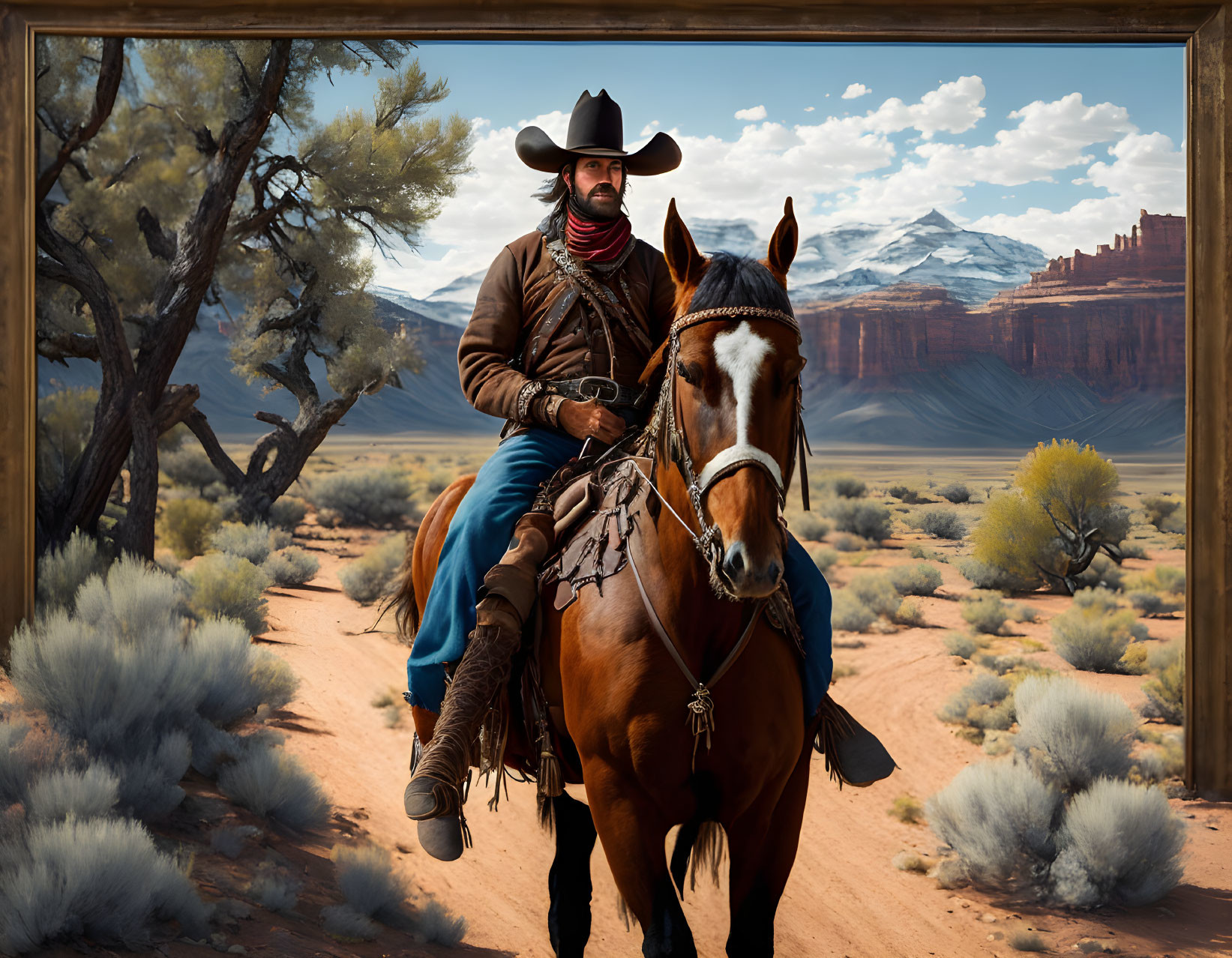 Cowboy in black hat rides brown horse in desert landscape.