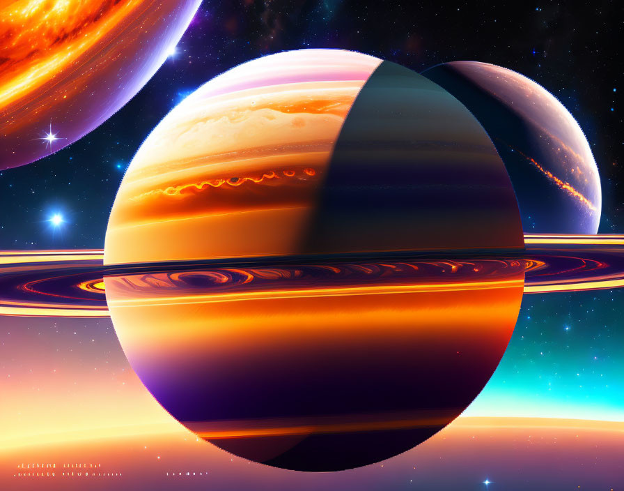 Colorful planets with rings in space nebula scenery