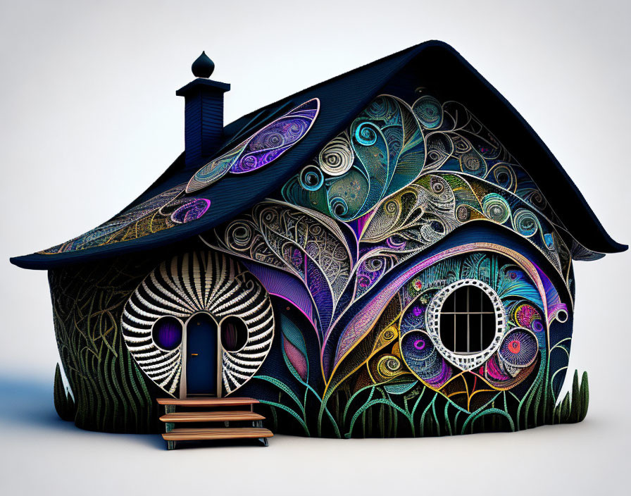 Colorful whimsical house with peacock feather motifs