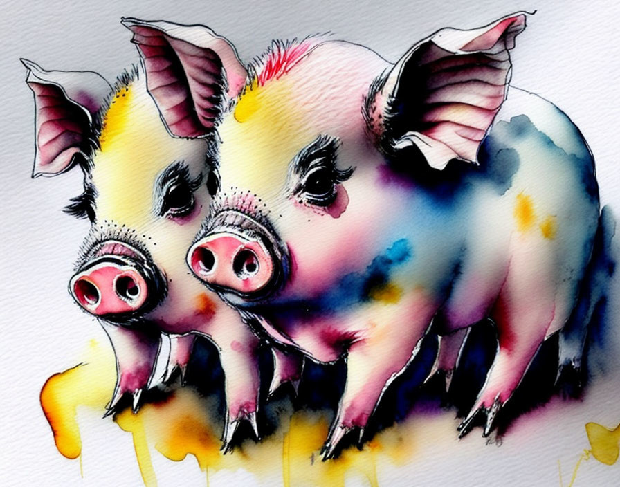 Whimsical watercolor painting of colorful pigs