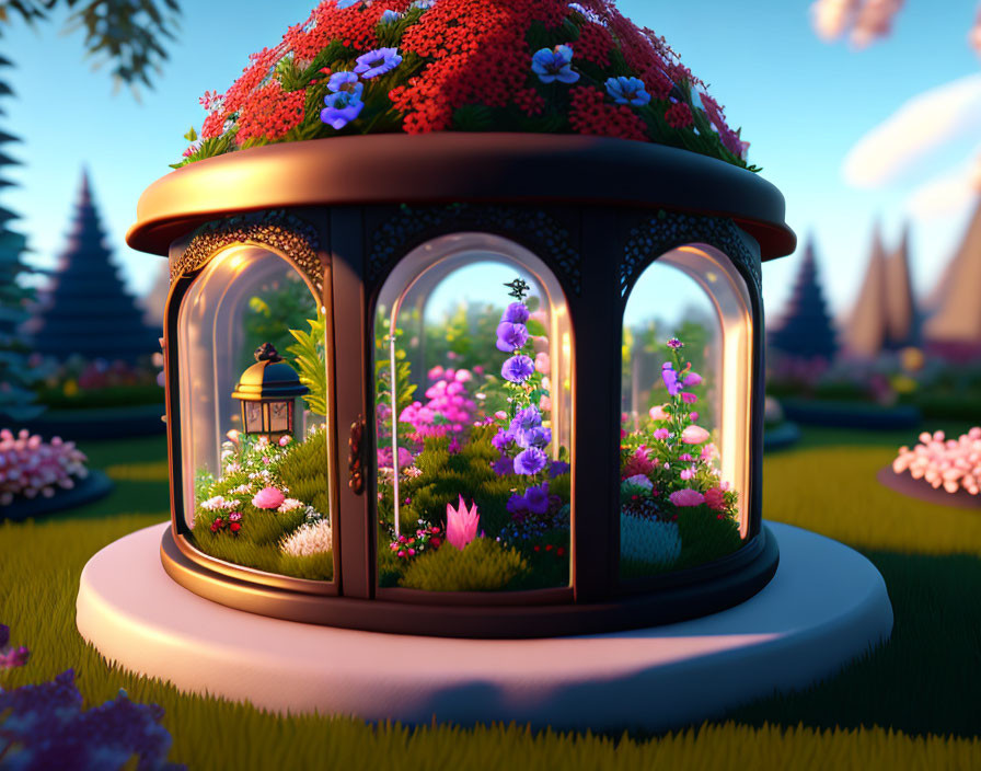 Whimsical garden gazebo with flower-covered domed roof in enchanting forest setting