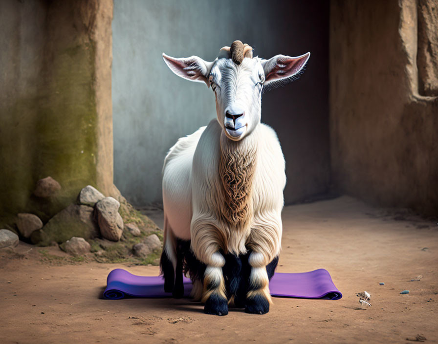 Long-Haired Goat on Purple Yoga Mat in Rustic Setting