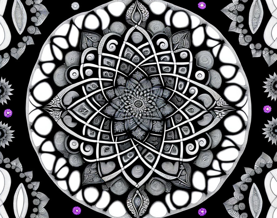 Detailed Black and White Mandala Pattern with Purple Accents