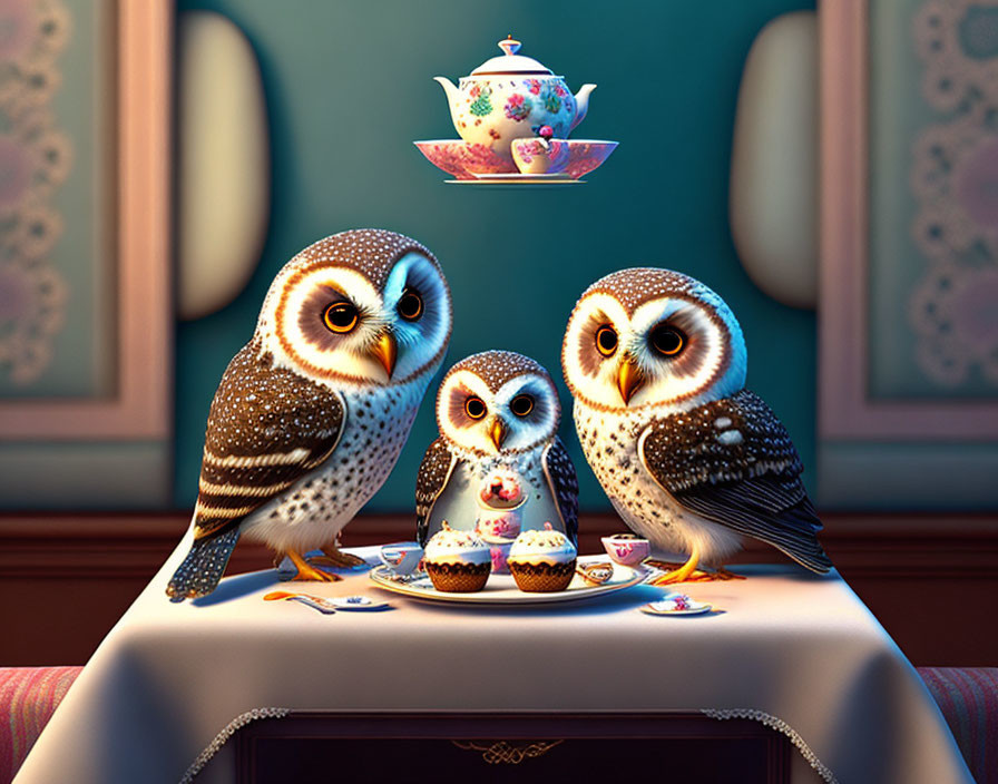 Three animated owls at tea party with cupcakes.