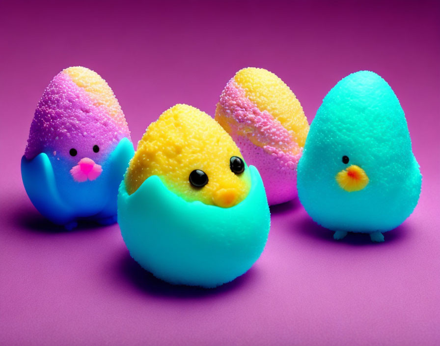 Colorful Toy Chicks in Pastel Eggshells on Purple Background