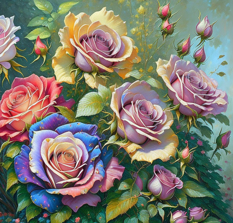 Colorful Rose Painting with Yellow, Pink, and Blue Flowers