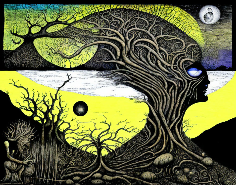 Surreal artwork: Tree with human-like face under night sky