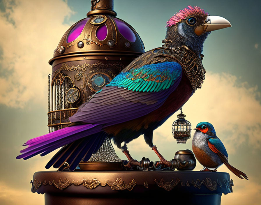 Colorful mechanical bird with gear details perched near tiny birdcage at dusk