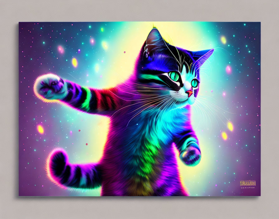 Colorful digital artwork: Multicolored cat against cosmic backdrop