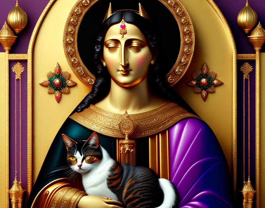 Digital Artwork: Woman with Cat and Ornate Jewelry on Golden Background