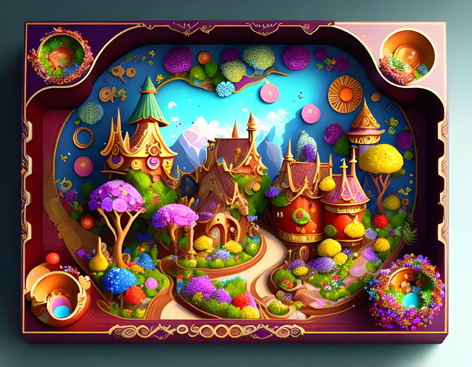 Colorful fairy tale landscape with whimsical trees, buildings, and paths in an open book