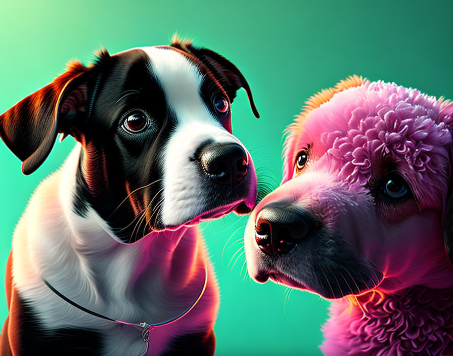 Animated dogs with black and white and pink coats on teal background