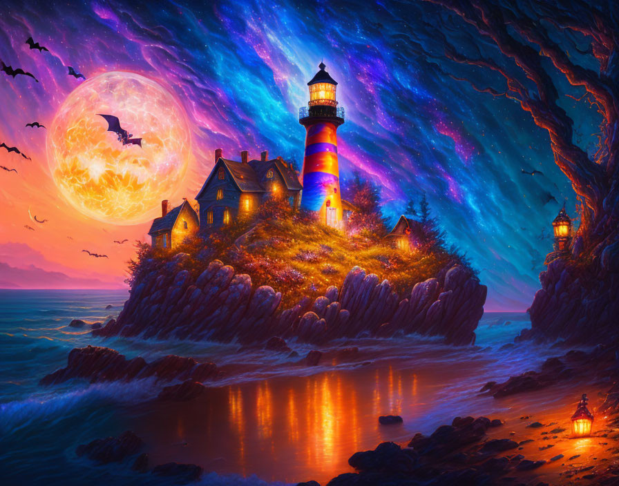 Lighthouse on Cliff Under Starry Sky with Moon and Bats