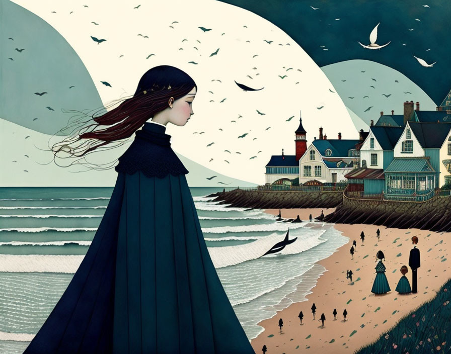 Stylized woman illustration overlooking beach with people and houses under bird-filled sky.