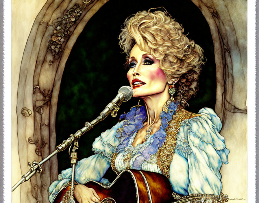 Vintage-styled female singer with voluminous hair singing into a microphone and holding a guitar against an ar