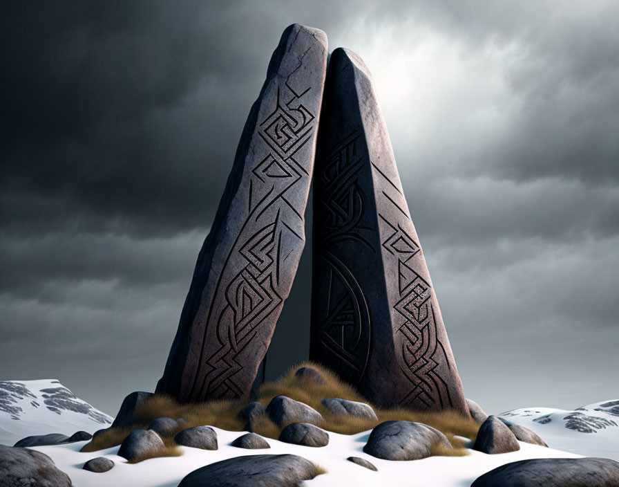 Rune-inscribed stones against dramatic sky and snowy hills