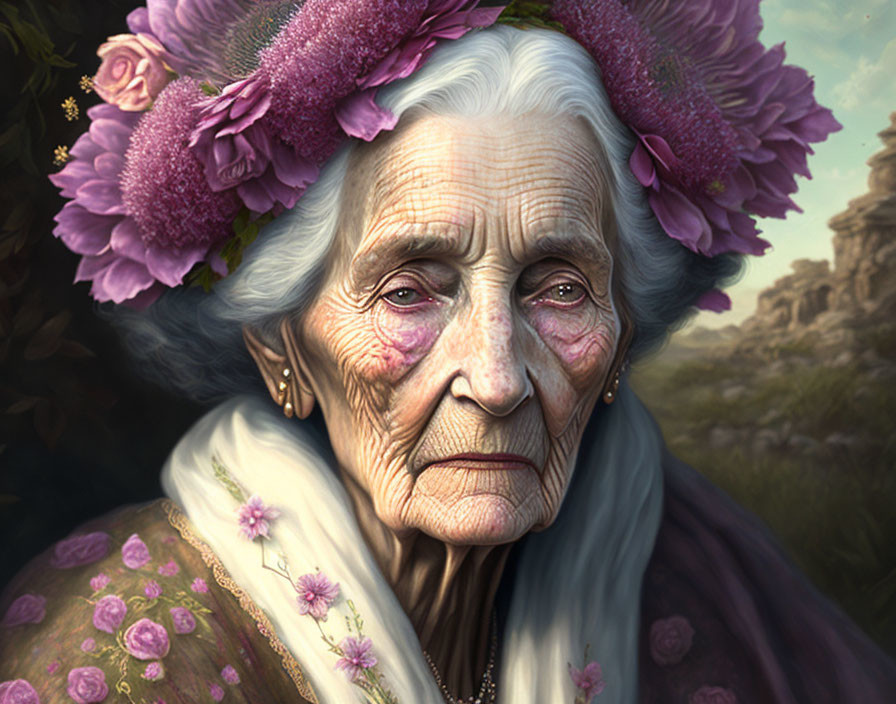 Elderly woman with wrinkles and floral wreath and shawl