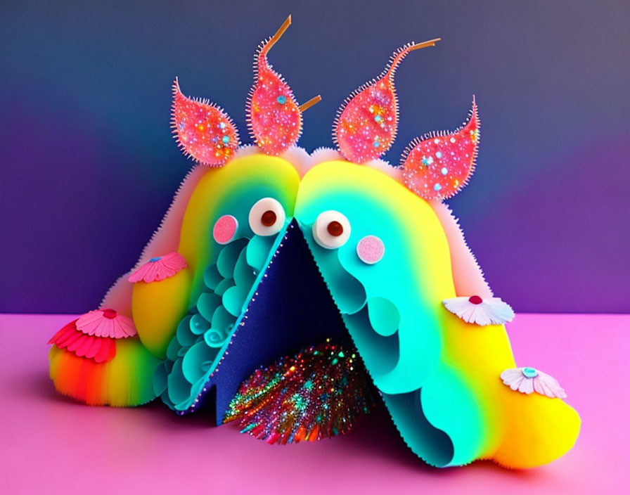 Whimsical creature paper art sculpture on vibrant purple and pink background