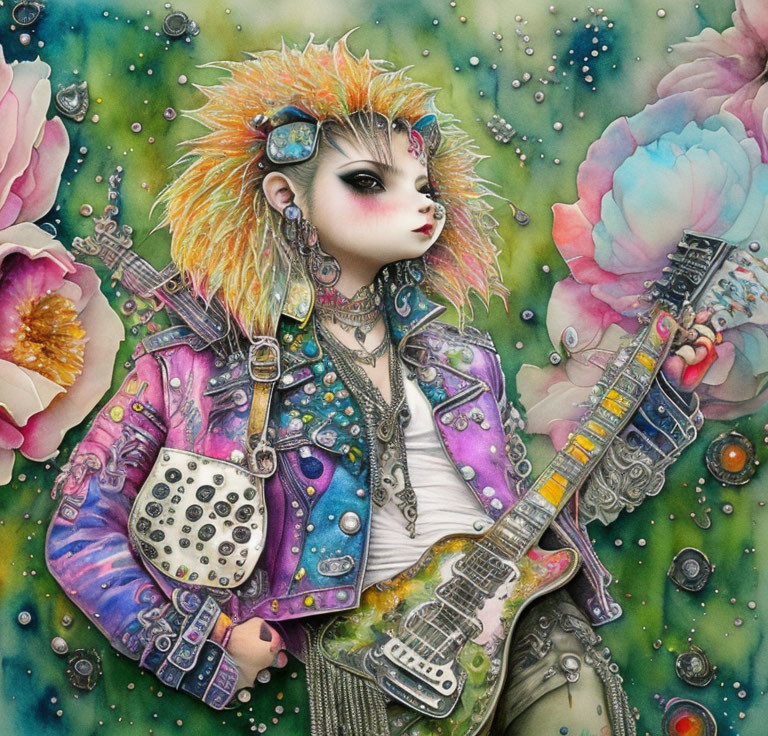 Colorful Punk Rock Guitarist Surrounded by Flowers