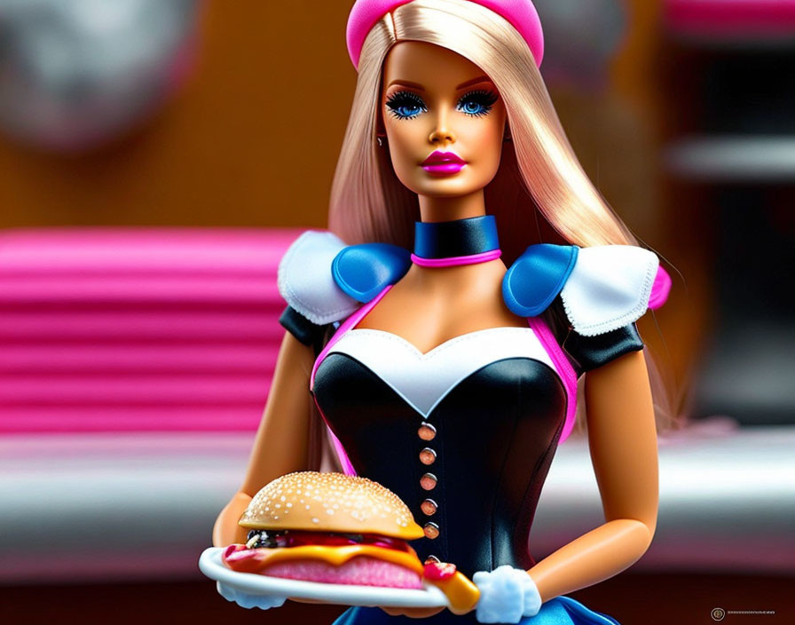 Blonde doll in maid outfit with hamburger on pink background