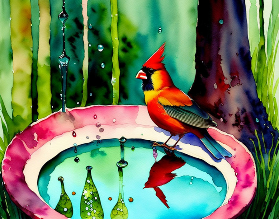 Vibrant painting of red cardinal on bird bath with water droplets - colorful artwork