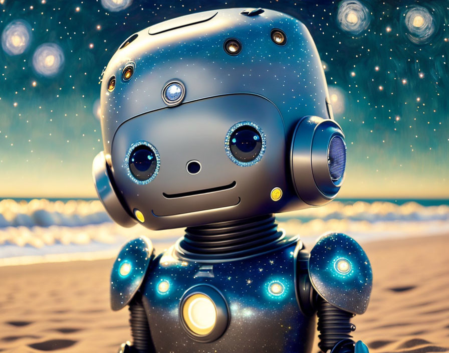 Round-headed robot with circular illuminated eyes on sandy beach with bokeh lights