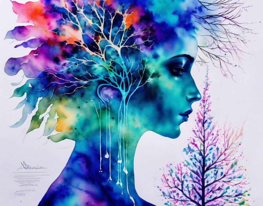 Colorful Watercolor Painting: Woman's Profile with Tree Motif