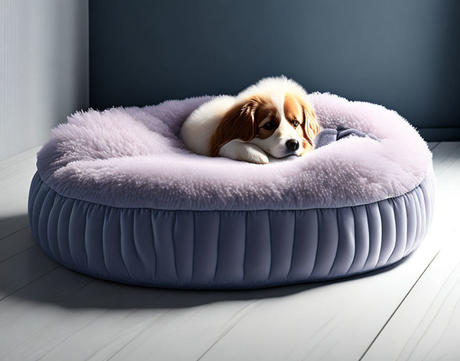 Small Dog Relaxing in Plush Lilac Pet Bed