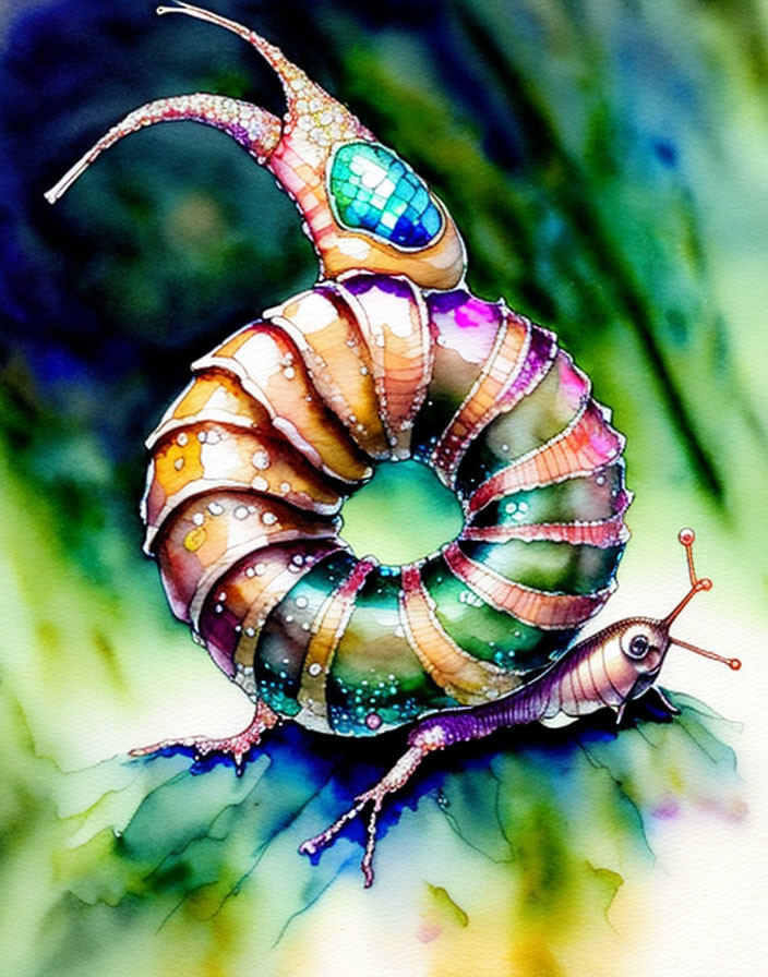 Colorful Watercolor Illustration of Whimsical Snail