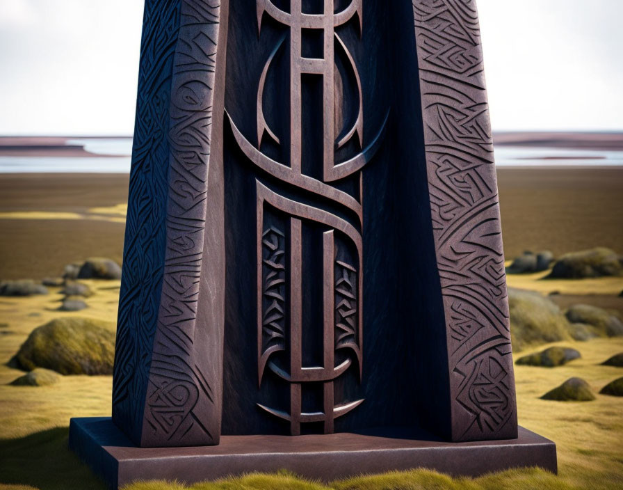 Celtic stone monument with intertwined symbolic motif in barren landscape