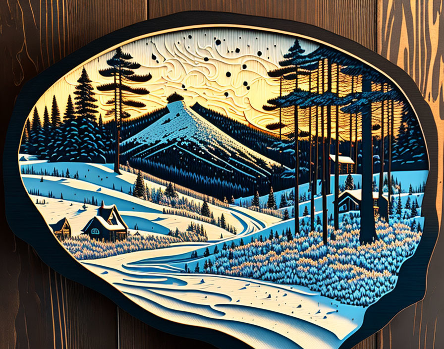 Wooden Artwork of Snowy Landscape with Mountain, Trees, Road, and Cabins