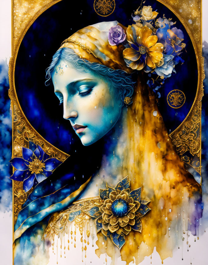 Colorful artwork: Woman in golden headscarf with purple flowers on blue starry background