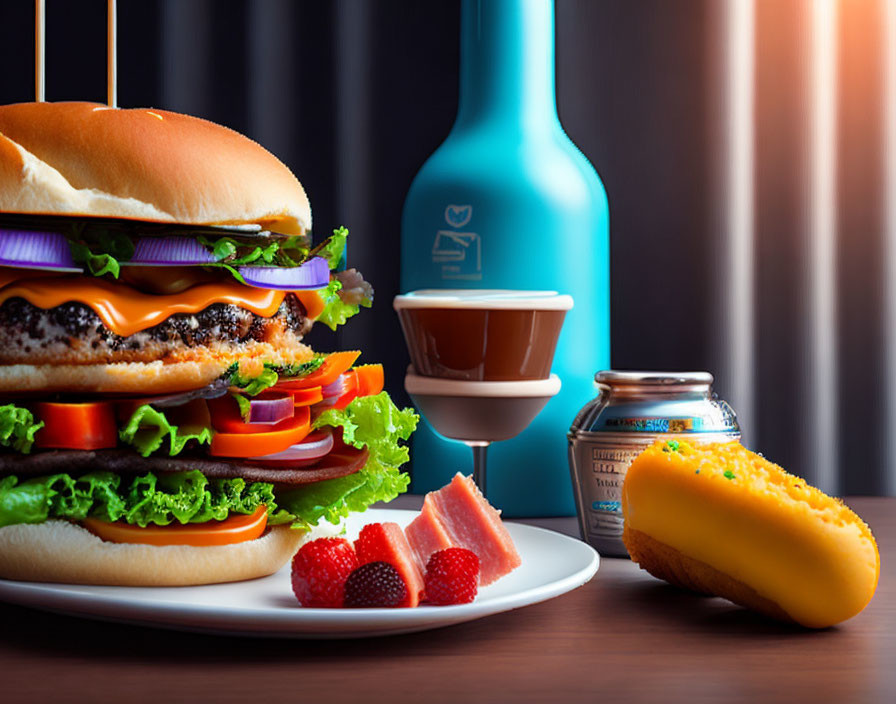 Double Cheeseburger with Lettuce, Tomato, Onions, Blue Bottle, Strawberries, Sauce