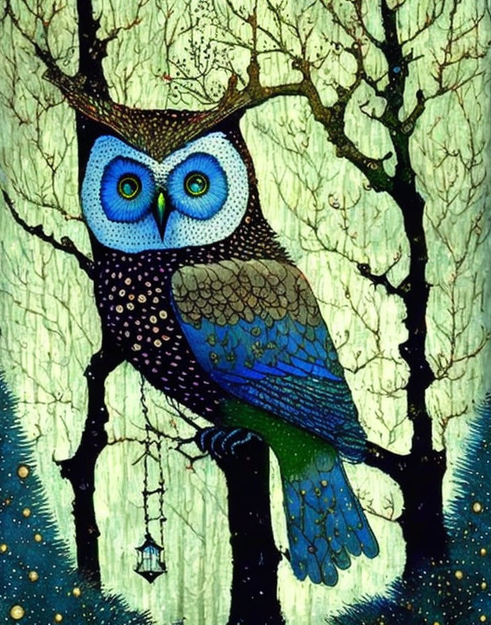 Colorful Owl Perched on Branch in Whimsical Forest with Lantern