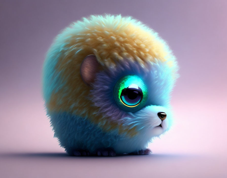 Fluffy round creature with yellow to blue fur and green eyes