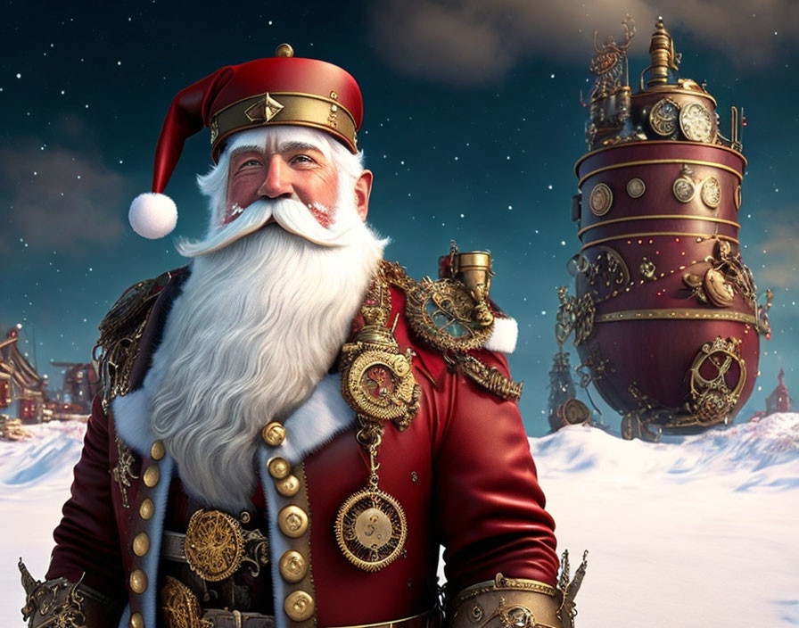 Steampunk Santa Claus with mechanical sleigh in red uniform on snowy backdrop