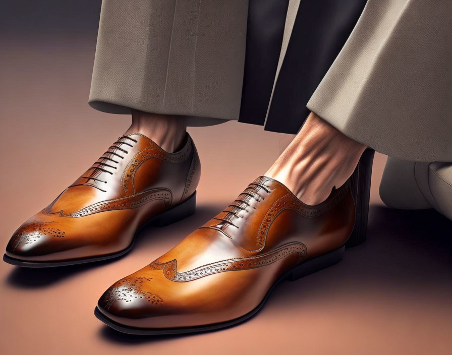 Polished Brown Leather Oxford Shoes with Detailed Broguing