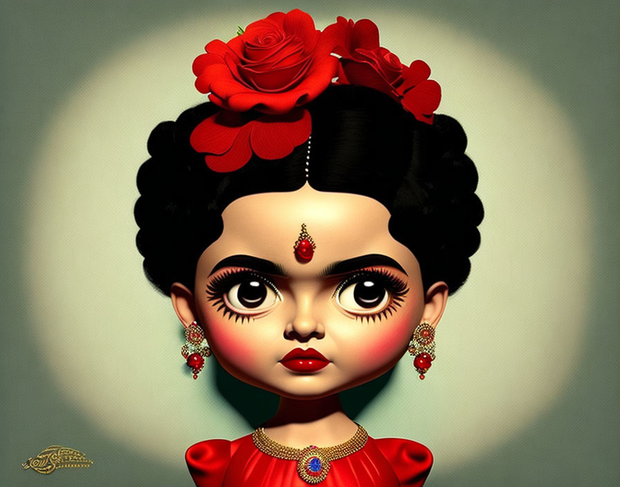 Stylized female character with large eyes, red flower, and traditional jewelry.