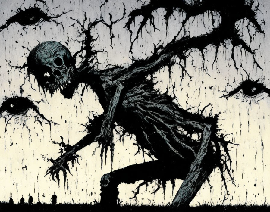 Skeleton with tree-like limbs and disembodied eyes in dark backdrop