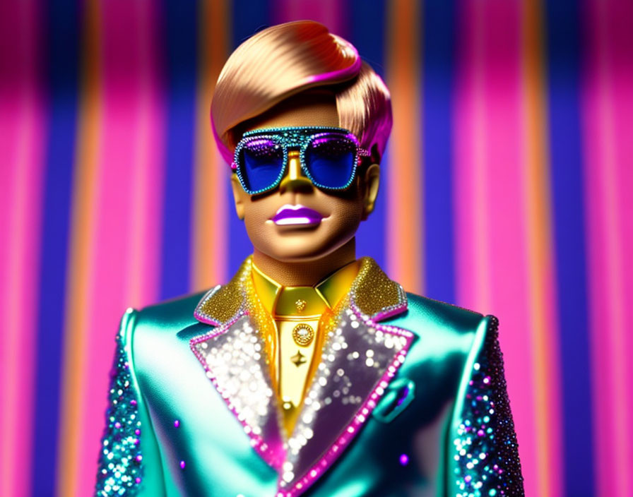 Colorful figure in rhinestone sunglasses and glittery suit on striped backdrop