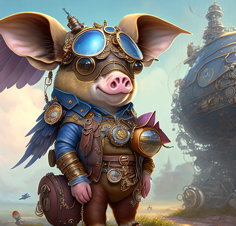 Steampunk anthropomorphic pig with airship and flying machines